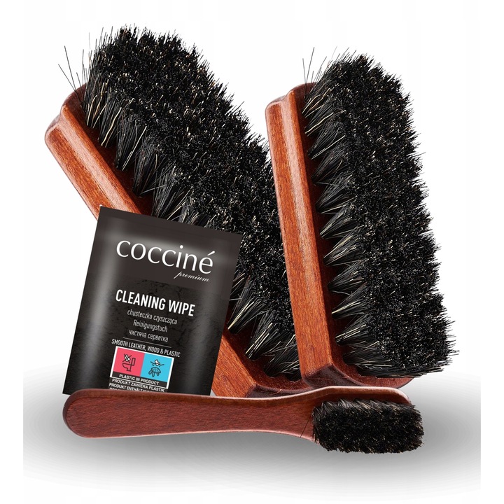 Set de ingrijire a incaltamintei, Coccine, 4 in 1, 12 cm, 16 cm, perie de curatare, perie de lustruit, marker cu pensula, servetel de curatare, Multicolor, Setul include: pensula de 12 cm, marker cu pensula, 1 servetel de curatare, pensula mare de 16 cm