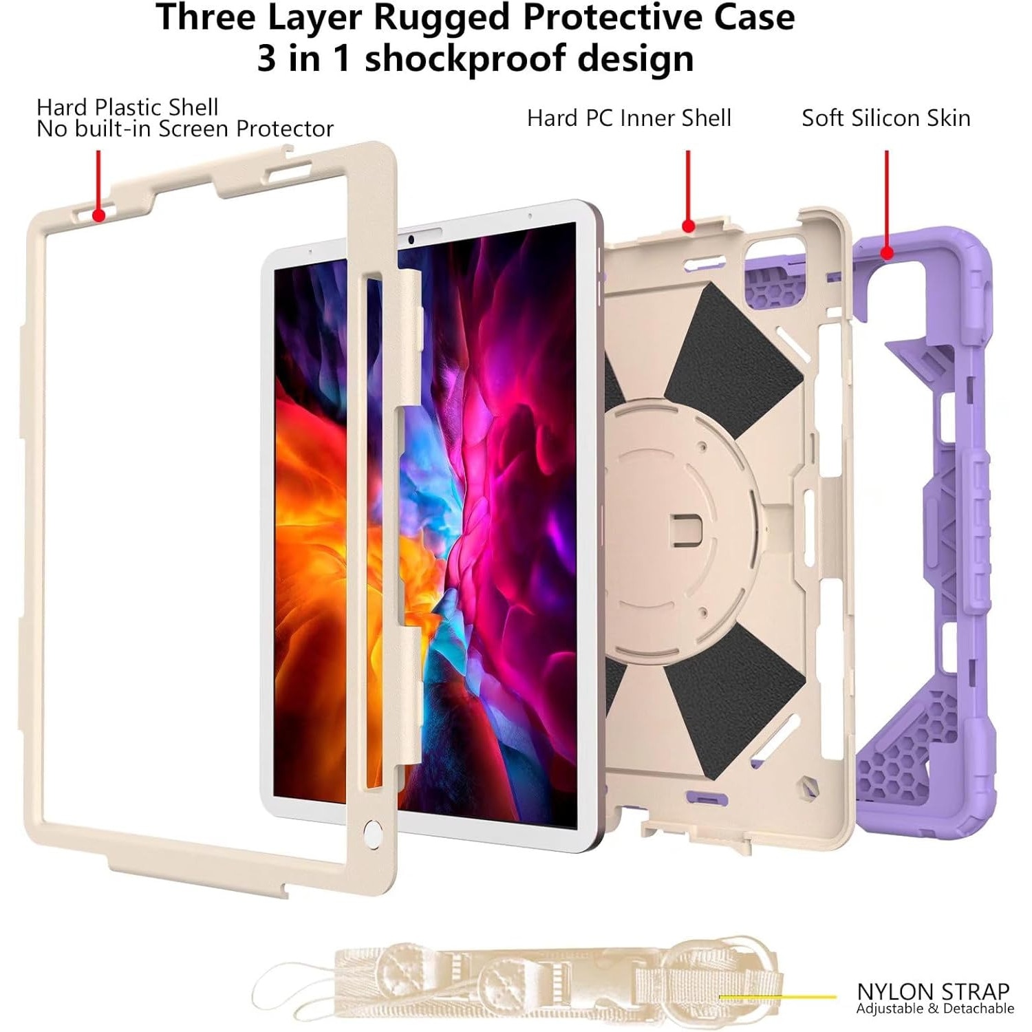 Husa rezistenta pentru iPad Air 11" (M2 2024 / Generatia 6), cu suport rotativ 360°, suport pentru stylus si curea de umar – Mov alb