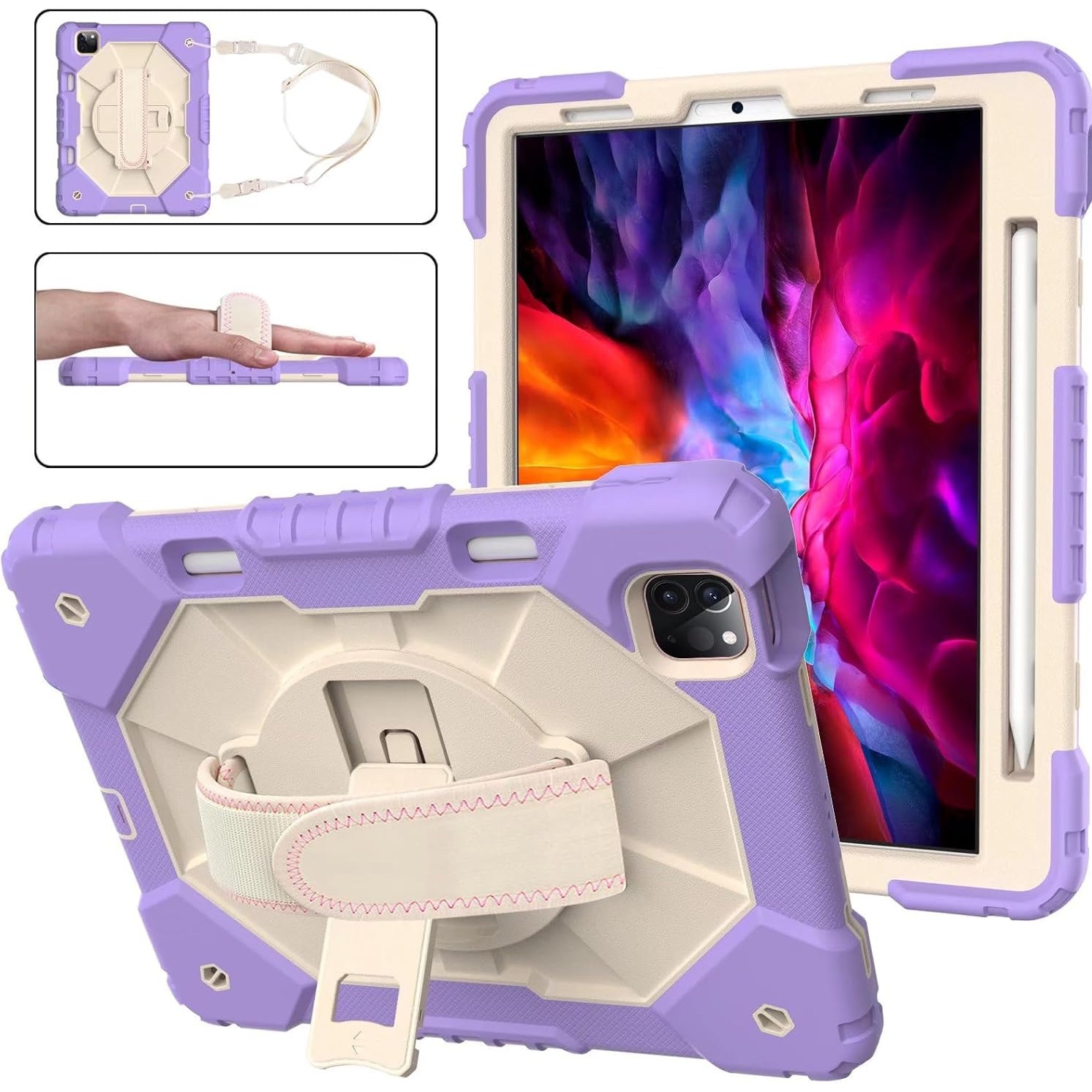 Husa rezistenta pentru iPad Air 11" (M2 2024 / Generatia 6), cu suport rotativ 360°, suport pentru stylus si curea de umar – Mov alb