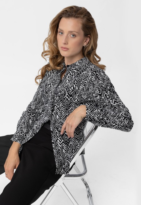 Camasa dama cu model geometric, Regular Fit, Volcano K-Rili, Negru I Alb
