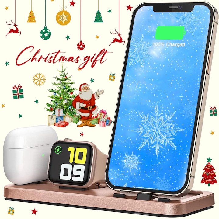 Incarcator Wireless Statie Incarcare 3 In 1, Fast Charger, pentru iPhone, Apple Watch, Airpods ultraportabil si subtire, ideal pentru calatorii, compatibil cu iPhone 14/13/12/11/X/Pro/Max, Rosegold