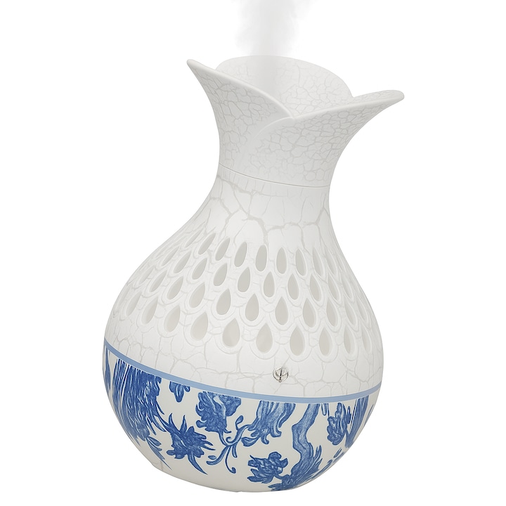 Difuzor de Arome si Umidificator de Aer Ultrasonic cu Uleiuri Esentiale, Aromaterapie, Lumina LED, Design Alb-Albastru, Portabil si Silentios