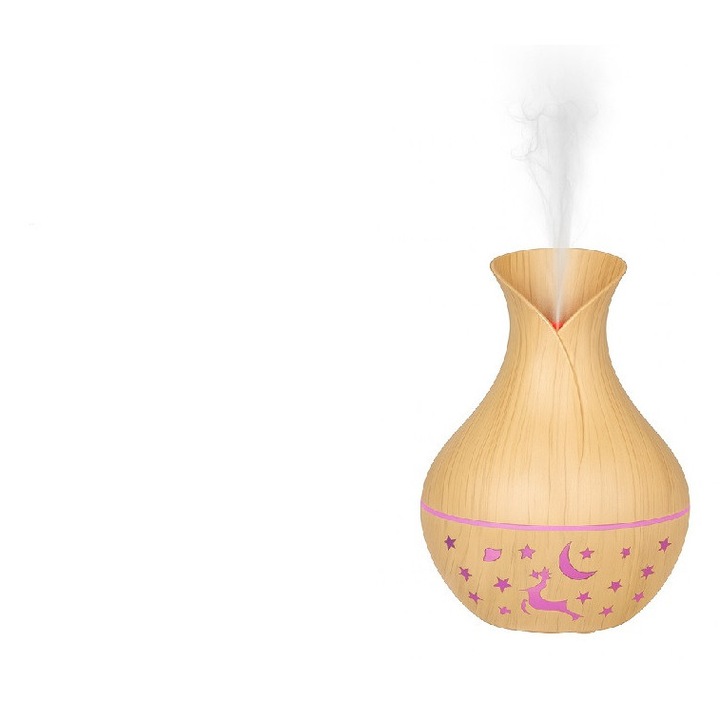 Difuzor de Arome si Umidificator de Aer Ultrasonic cu Uleiuri Esentiale, Aromaterapie, Lumina LED, Design Lemn, Portabil si Silentios