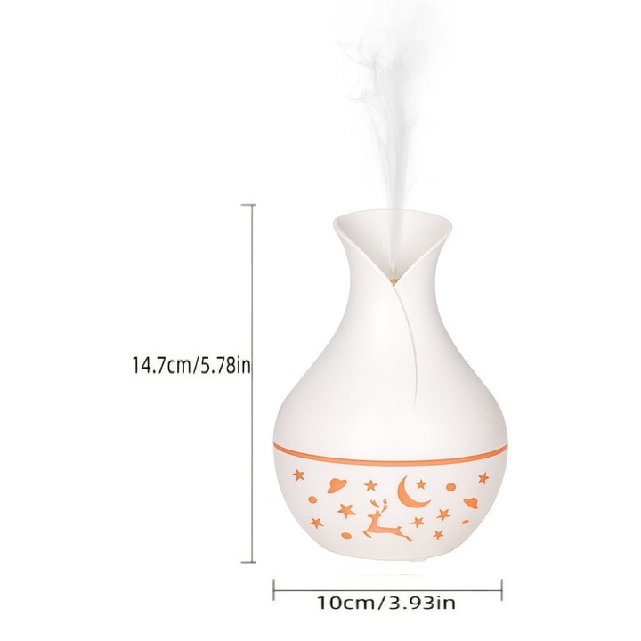 Difuzor de Arome si Umidificator de Aer Ultrasonic cu Uleiuri Esentiale, Aromaterapie, Lumina LED, Design Alb, Portabil si Silentios