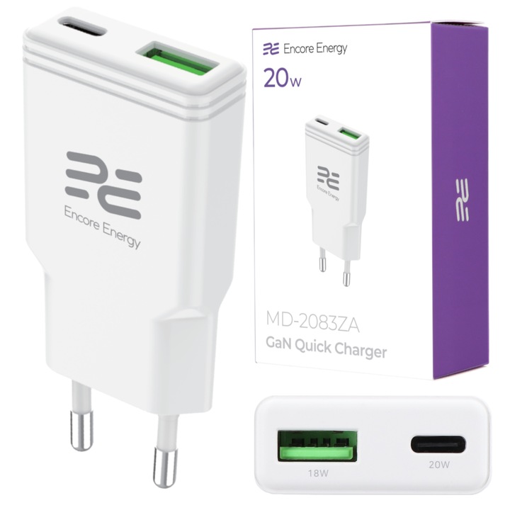 Incarcator retea SLIM 20W GaN, QC 4, PD 3.0, USB Typ-C + USB-A, Fast Charge, Encore Energy MD-2083ZA