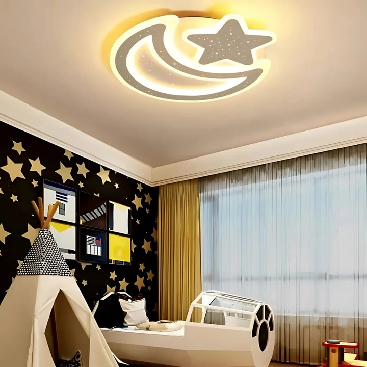 LED полилей Nova с дистанционно управление, 91W, Димируем, Студена/Топла/Неутрална светлина, Форма Луна и Звезда, Бял