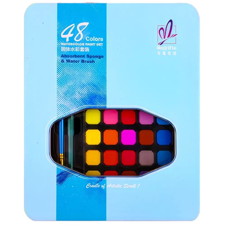 Set acuarele 48 culori cu etui, pensula cu rezervor de apa, pensula traditionala, creion, tempera, 8 foi de hartie pentru acuarela