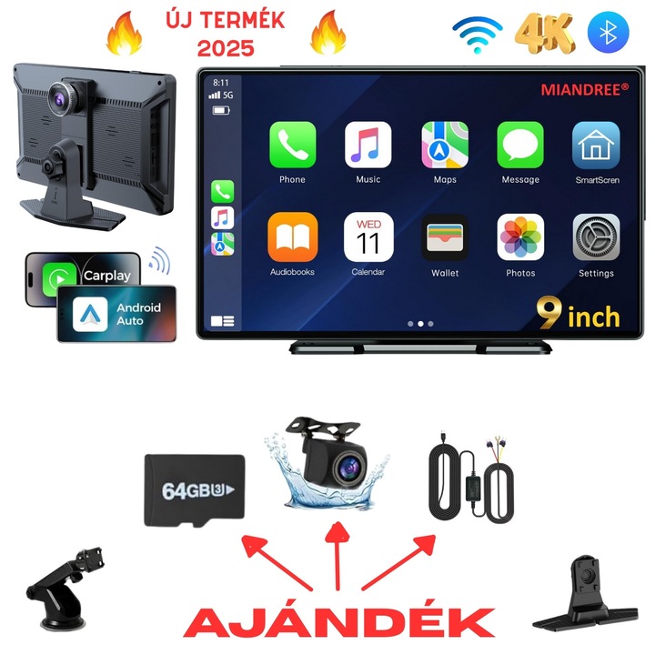 Univerzális Autós Navigációs rendszer, 9" Full-Touch IPS HD, MIANDREE®, CarPlay/Android Auto Vezeték Nélküli, Állítható 4K Első Kamera (Dash Cam), Mellékelt 1080p Tolatókamera, 64GB Kártya AJÁNDÉK, Multimédia DVR, BT, FM, AUX, Osztott Képernyő