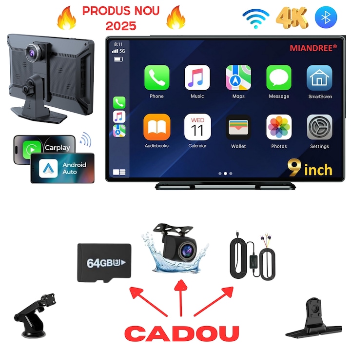 Универсална Автомобилна Навигация 9" Full-Touch IPS HD, MIANDREE®, CarPlay/Android Auto Wireless, Регулируема Предна Камера 4K (Dash Cam), Включена Камера за Задно Виждане 1080p, 64GB Карта ПОДАРЪК, DVR Мултимедия, BT, FM, AUX, Разделен Екран