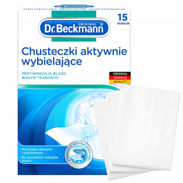 Servetele Active Pentru Albirea Rufelor In Masina De Spalat, Dr. Beckmann, 15 Bucati, Previn Ingalbenirea Si Aspectul Gri, Redau Albul Stralucitor Chiar Si La 20°C, Tehnologie Inovatoare Pentru Textile Impecabile, Solutie Eficienta Si De Durata