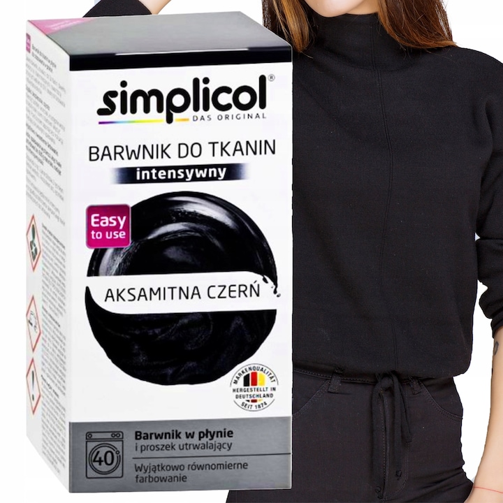 Vopsea haine, Simplicol, negru intens, reinnoieste culoarea, utilizare in masina spalat, sigura pentru tesaturi, efect imediat