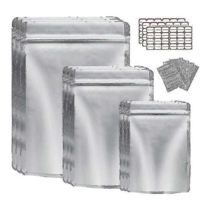 Set 50 Pungi Mylar pentru Stocare Alimente cu 72 Etichete si 50 Absorbanti de Oxigen, 14x10inch, 10x7inch, 7x5inch