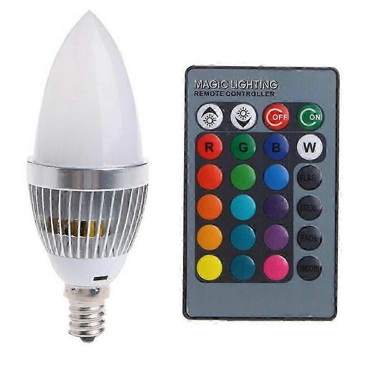 Bec LED RGB E14 cu telecomanda 24 butoane, 16 culori, 38x38x108mm, alb
