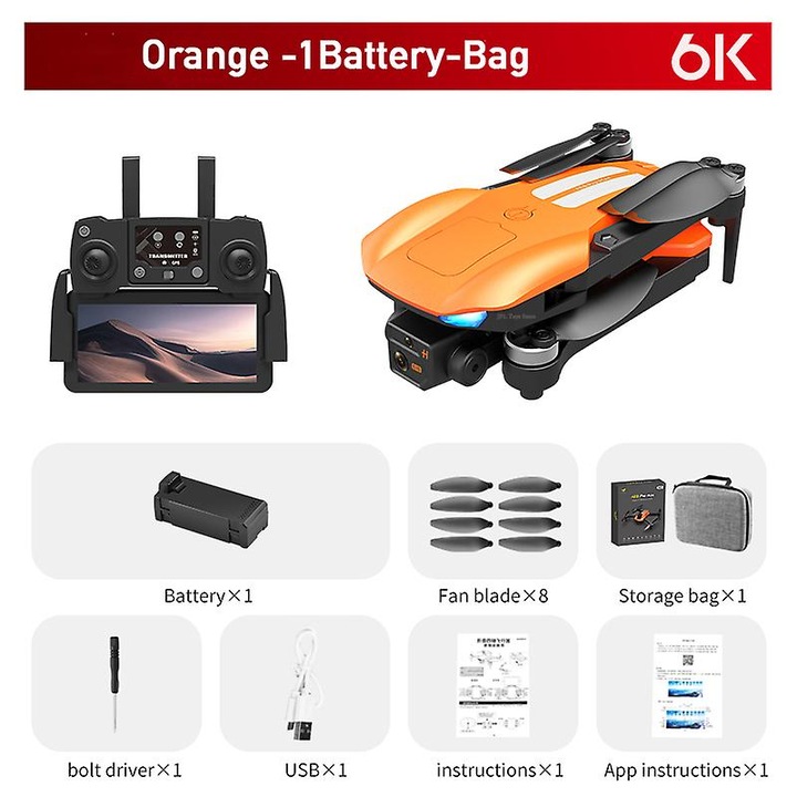 Quadkopter drón 8K kamerával, 30 perc repülési idő, 5 km hatótávolság, 32x32x8cm, narancssárga