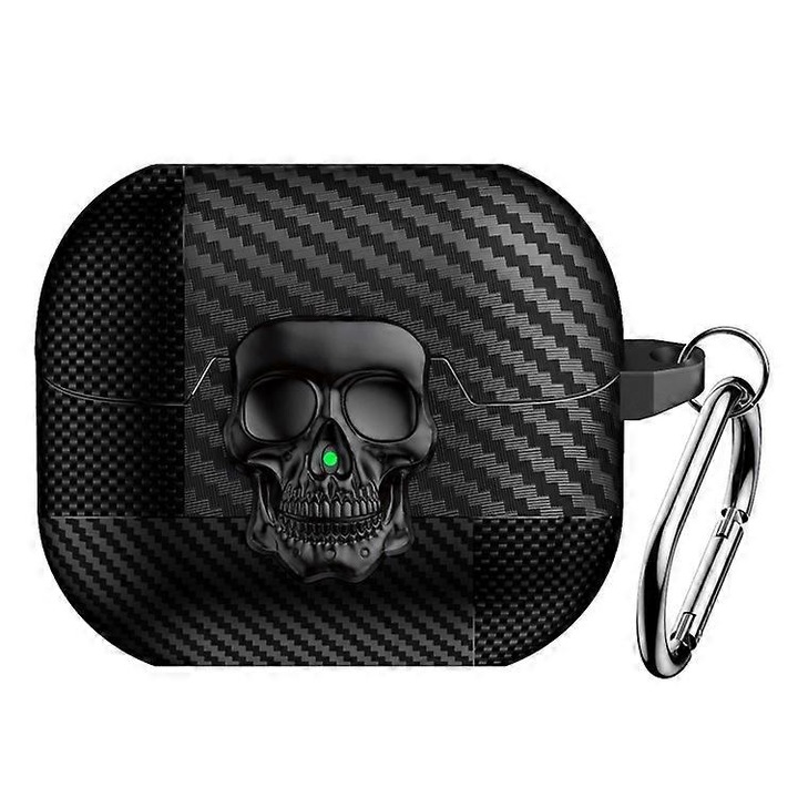 Carcasa protectoare pentru Samsung Galaxy Buds3 Pro/Buds3, design Skull, TPU + metal, neagra
