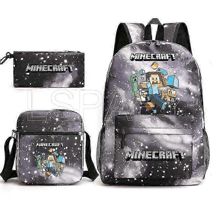 Ghiozdan, 3 piese Minecraft, copii, impermeabil, capacitate mare, 30x30x45cm