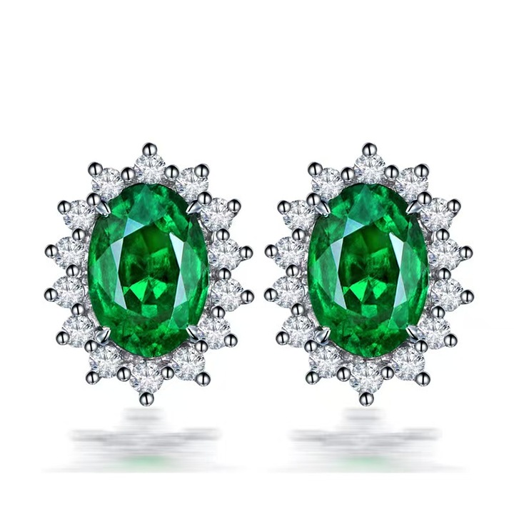 Cercei dama, din zirconiu verde smarald, electroplatati cu aur alb 18K, 15.5x8.7mm