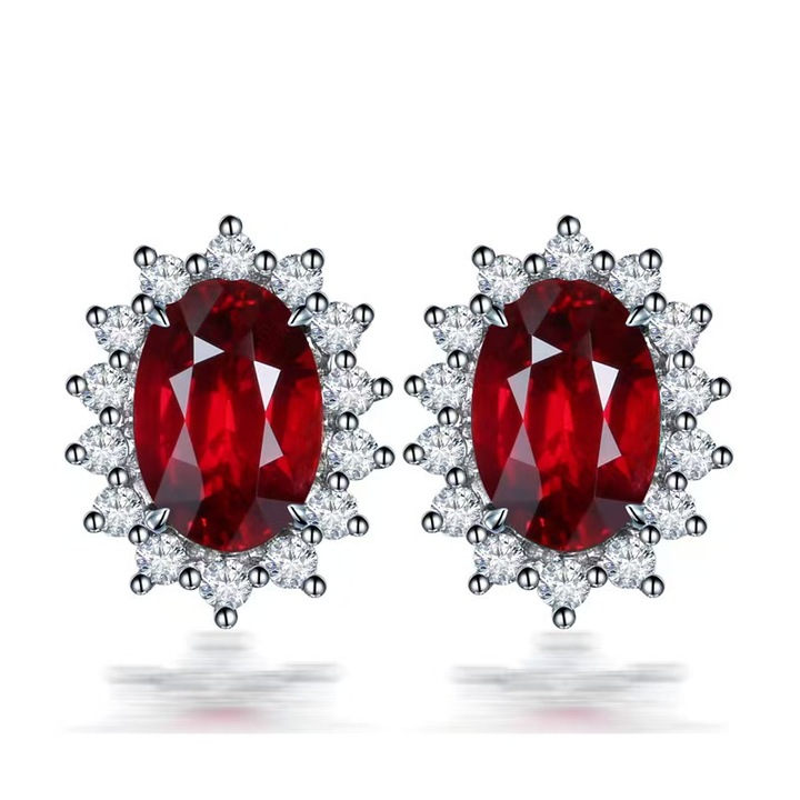 Cercei dama, din zirconiu rosu, electroplatati cu aur alb de 18K, 15.5x8.7mm
