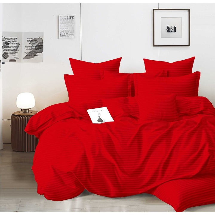 Set Lenjerie de Pat Dublu 4 Piese, Damasc Egiptean, Culoare Rosu, 180x200 cm