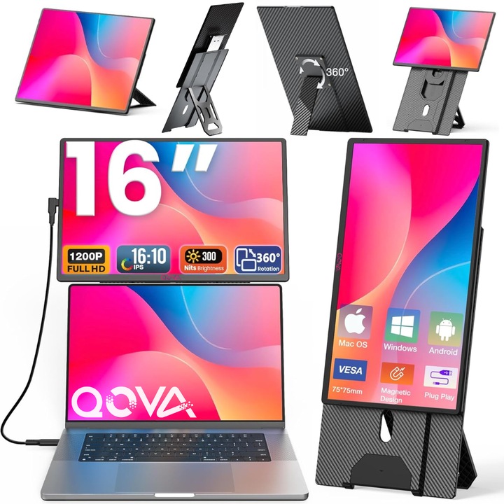 Bővíthető és hordozható monitor laptophoz, Qova, 16" képernyővel, IPS Full HD 1200P kijelző, 60 Hz, 1.000:1 kontraszt, 16,7 millió szín, 360°, Kompatibilis Windows/MacOS/Linux/Android rendszerekkel, VESA kialakítás, Plug & Play, USB-C port, Tartóval