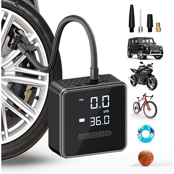 Compresor Auto Portabil, 3 in 1, Baterie 6000mAh, Ecran Digital, Manometru, Lanterna LED, 150PSI, Debit 25L/min, Pompa Aer Masina, 4 Accesorii, Incarcare USB, Oprire Automata, Umflare Roti, Minge, Bicicleta, MDUG®