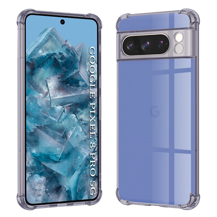 Husa Clear Anti-Soc pentru Google Pixel 8 Pro, Protectie Colturi AirBag, Rezisntenta Socuri si Zgarieturi, Design Slim, Anti-Ingalbenire, Fumuriu