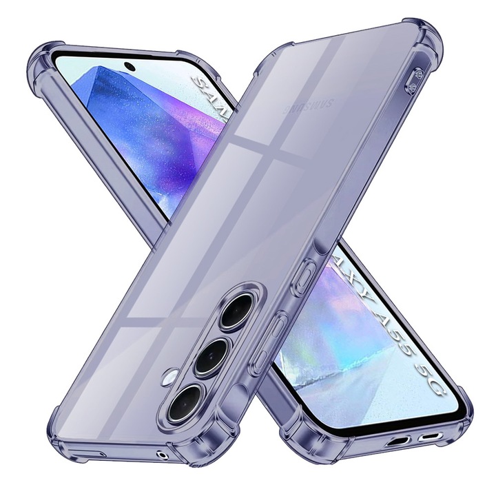 Husa Clear Anti-Soc pentru Samsung Galaxy A55 5G, Protectie Colturi AirBag, Rezisntenta Socuri si Zgarieturi, Design Slim, Anti-Ingalbenire, Fumuriu