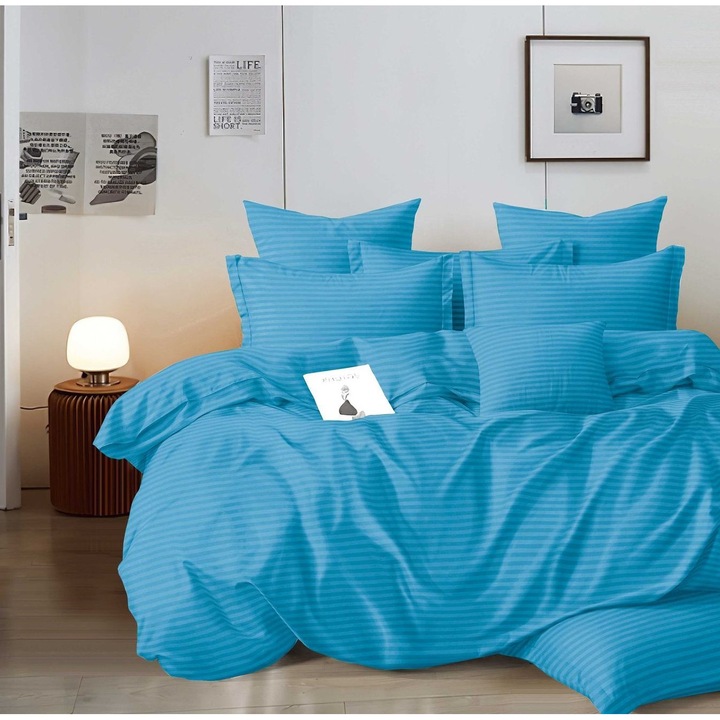 Set Lenjerie de Pat Dublu 4 Piese Damasc Egiptean, Elastic, 180x200 cm, Albastru, Design Uni