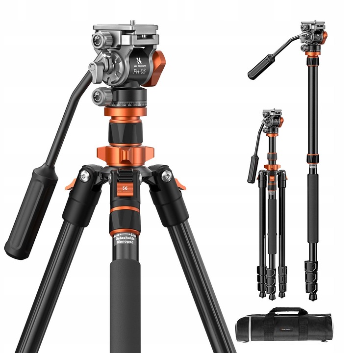 K&F Concept K234A7 fotóállvány, 3D folyadékfej, fekete, 60-202 cm, szett (állvány, fej, tok)