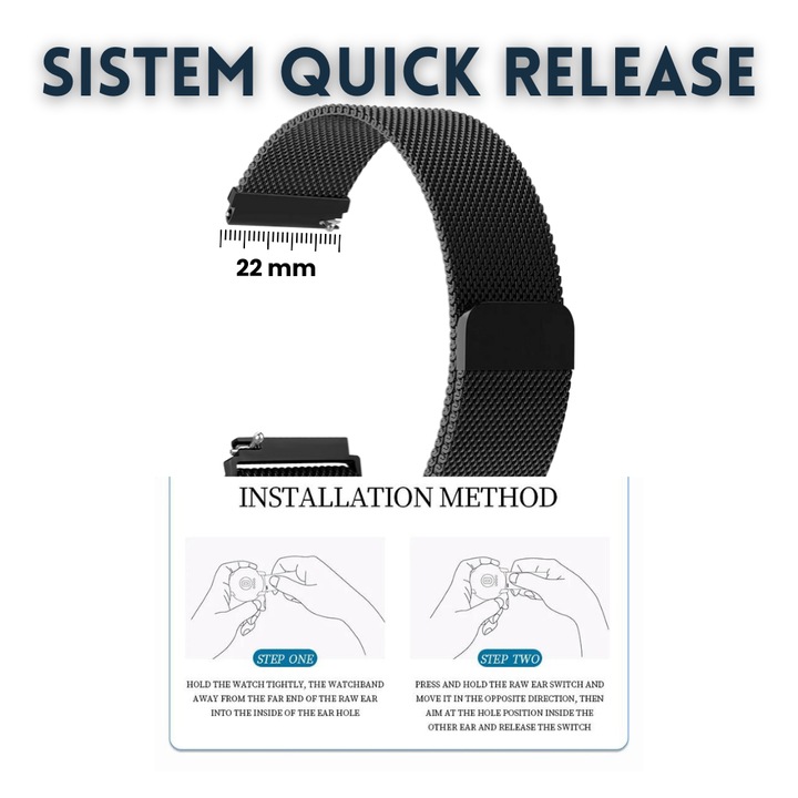 Bratara smartwatch Evolve-x® Milanese loop din otel inoxidabil, 22mm, sistem Quick release, negru