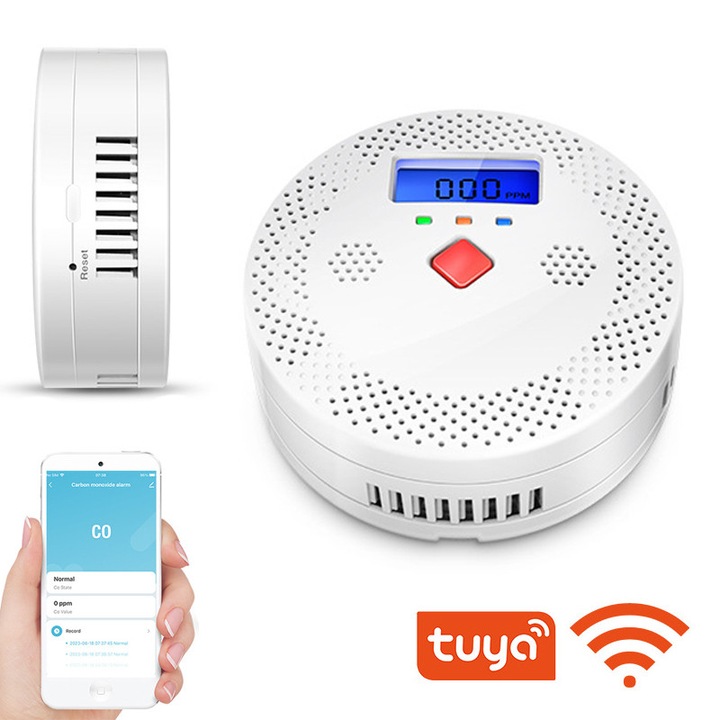 Detector 2 in 1 Monoxid de carbon si Fum, Indicator stare led, Compatibil Tuya, Display LCD pentru monitorizare a Concentratiei de Gaz in Timp real, Avertizare sonora, Alimentare baterii, Alb