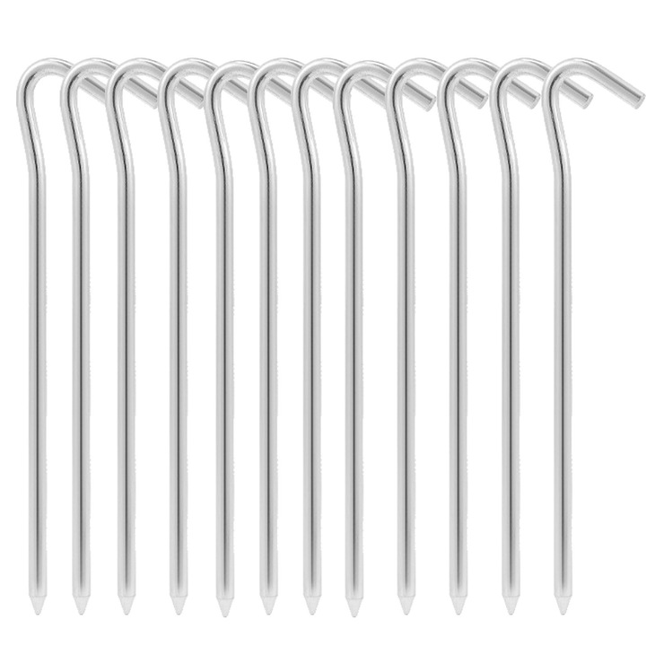 Set 12 cuie pentru cort, ZGGZERG, Diametru 6mm, Rezistente la rugina si indoire, Usoare si portabile, carlig curbat, Design cu varf ascutit, Fixare sigura, Pentru trekking, bushcraft, camping minimalist, Aliaj de aluminiu, Lungime 180 mm, Argint