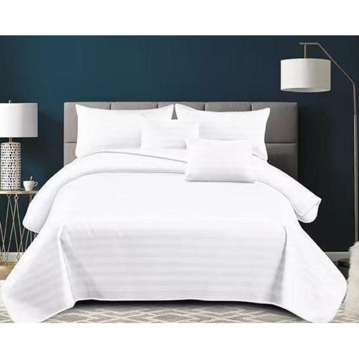 Set Lenjerie de Pat cu Elastic, 4 Piese, 180x200cm, pentru Pat Dublu, Material Damasc Egiptean, UNI, cu 2 Fete de Perna Incluse, Culoare Alb