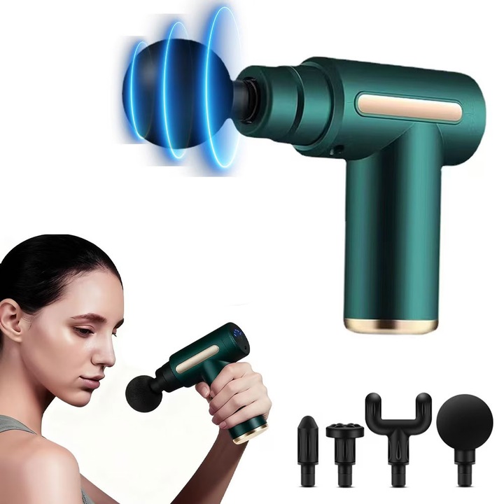 Aparat pentru Masaj Profesional Tip Pistol, cu reglare multi-nivel,4 Capete,3200 Percutii/Minut, Motor Silentios si Puternic, Sistem Racire, 800mAh, Design Ergonomic, Amplitudine 6mm, Aparat de Masaj Muscular, Relaxare, Ecran Touch, verde