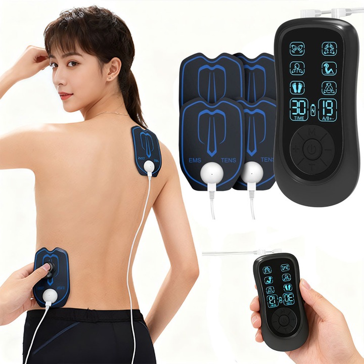 Aparat De Masaj Cu Electrostimulare Pentru Fizioterapie si Electroterapie, Intensitate reglabila, 4 Electrozi Inclusi, Doua Canale De Utilizare, 6 Programe De Masaj, Functie Stimulator Muscular, Display Digital, Negru