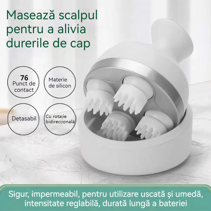 Aparat de masaj scalp electrica, rezistent la apa IPX7, cu 4 capete de masaj detasabile si 4 moduri de masaj, compact pentru relaxare si curatare profunda a scalpului