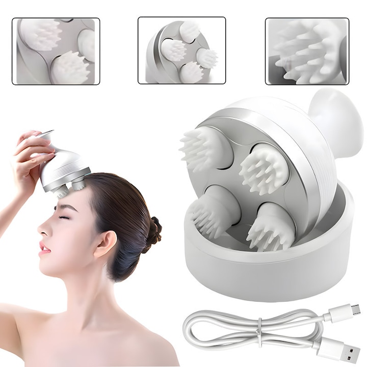 Aparat pentru Masaj Capilar, Masaj Scalp, Rezistent la Apa, Capete din Silicon, Stimuleaza Cresterea Parului si Imbunatateste Circulatia Sanguina, Vibromasaj Relaxant, Anti-Stres si Calmare, Usor de Folosit, Design Ergonomic, Alb