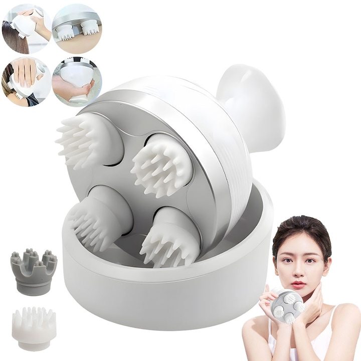 Aparat pentru masaj capilar, Masaj scalp, Capete din silicon, 4 Viteze, IPX7 rezistent la apa, Aparat masaj cap, Alb