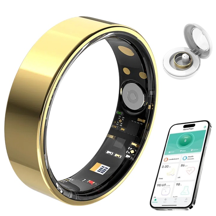 Többfunkciós okosgyűrű, ZOUN, fitnesz, sport, pulzusszám, vér oxigénszintje, alvásfigyelés, 24 órás nyomon követés, alkalmazás, Bluetooth 5.3, 12-es méret (21,6 mm), vízálló, töltőtok, fekete