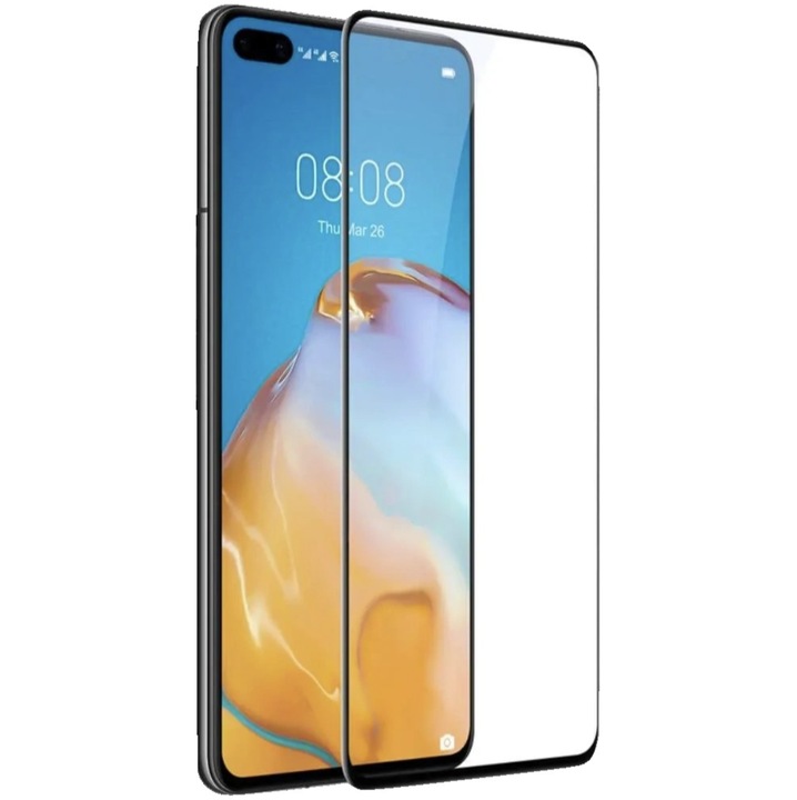 Védőüveg, kompatibilis Huawei P40 Pro-val, Ívelt üveg, edzett üveg, Fekete-átlátszó
