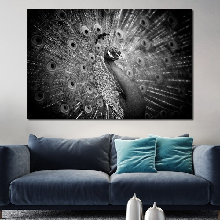 Премиум Канава Картина, LuxCanva® M1408, Сребърен Паун, 100 X 150 СМ, 100% Памучно Платно 400гр/м2, Дървена Рамка, Черно и Бяло, Птица, Елегантен, Грациозен, Възвишен, Паун, Пера, Екзотичен, Минималистичен, Офис, Всекидневна, Детска Стая