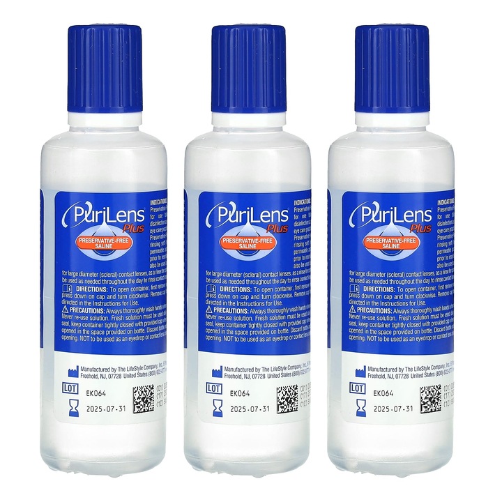 Set ser fiziologic PuriLens, 3 flacoane x 120 ml, fara conservanti, pentru ochi uscati si sensibili