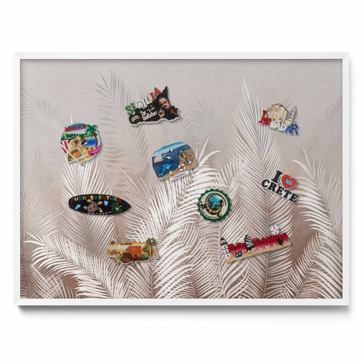 Mágneses tábla, Tulup, Természetes boho levelek, Fehér keret, 80 x 60 cm, 010840700040100088324