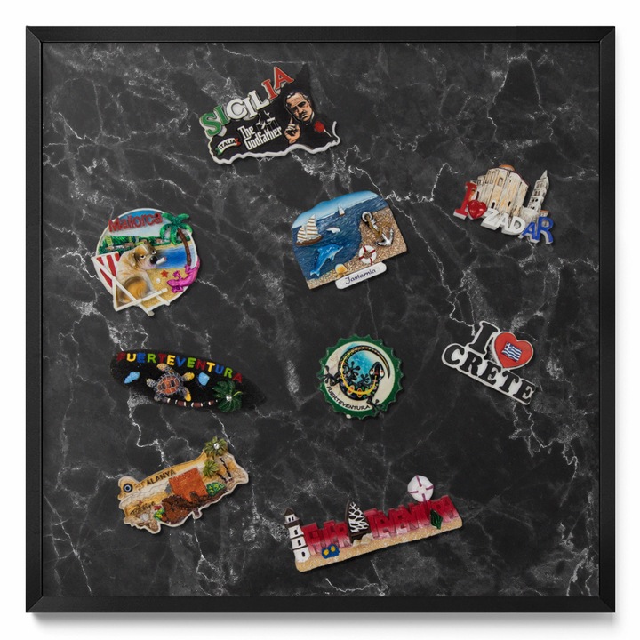 Tabla magnetica perete, Tulup, Marmura neagra, Rama neagra, 50x50cm