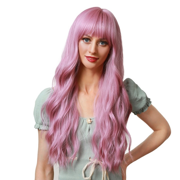 Peruca lunga roz deschis cu breton si usoare valuri PER105-5