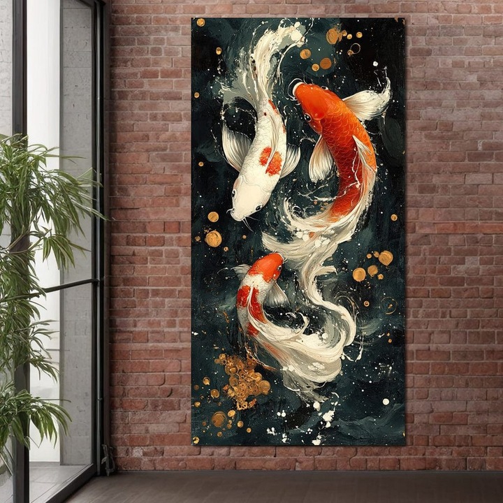 Премиум Канава Картина, LuxCanva® M1411, Алхимия във Вода, 50 X 100 СМ, 100% Памучно Платно 400гр/м2, Дървена Рамка, Воден, Риби, Вода, Люспи, Кои, Хармония, Танц, Просперитет, Вълни, Картина, Жизненост, Офис, Хол, Детска Стая