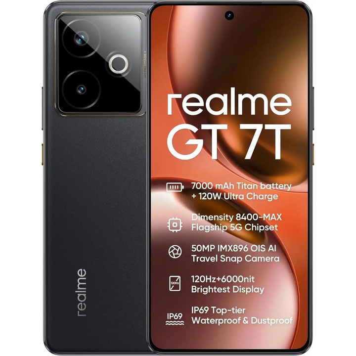 Мобилен телефон Realme GT 7T, 12GB RAM, 256GB, 5G, 50MP камера, 6.8", Dual SIM