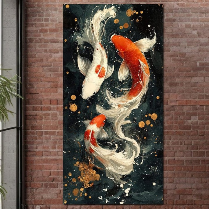 Картина, LuxCanva M1411, Алхимия във вода, 70 X 140 СМ, Платно 100% Памук 400гр/м2, Дървена Рамка, Воден, Риби, Вода, Люспи, Кои, Хармония, Танц, Просперитет, Вълни, Картина, Жизненост, Офис, Всекидневна, Детска стая