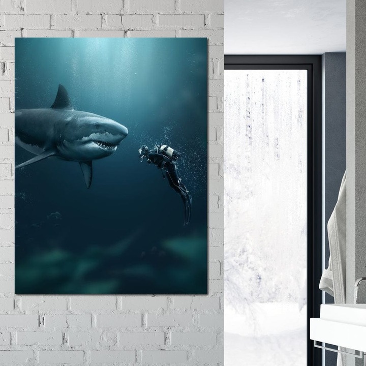 Премиум Канавас Картина, LuxCanva® M1412, Среща в дълбините, 45 X 60 СМ, 100% Памучно платно 400гр/м2, Дървена рамка, Акула, Океан, Вода, Изследване, Приключение, Водолаз, Смелост, Улов, Оцеляване, Офис, Всекидневна, Детска стая