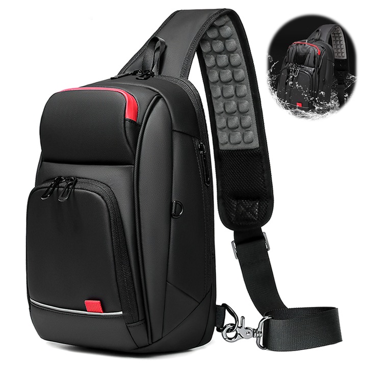 Geanta de Umar, De Piept sau de Mana, Tressino, Cu Port de Incarcare USB, Curea de Umar de Ameliorare a Presiunii Extinse, Impermeabil, Rezistent la Zgarieturi, Respirabila, Materialul PVC, 18x11x29CM, Negru